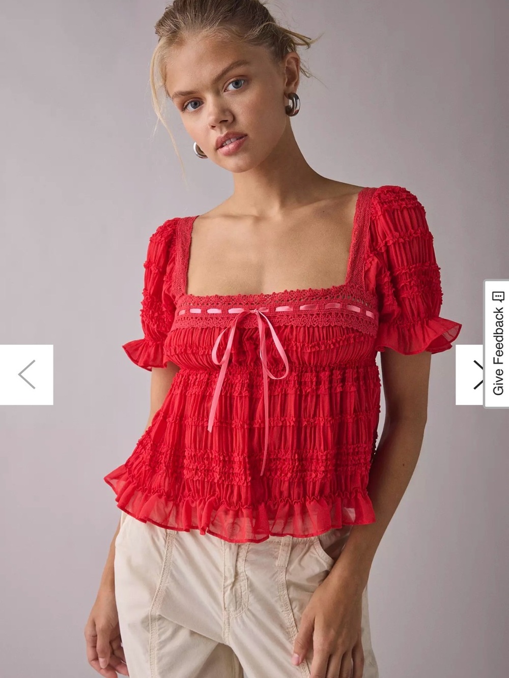 NWOT Urban Outfitters Kimchi Blue Red Smocked Square-Neck Peasant Top | XL